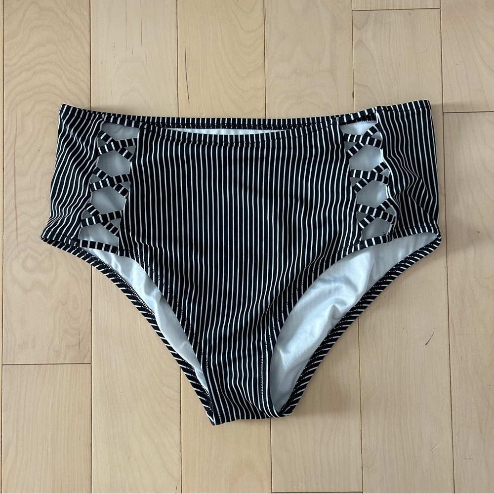 Shade & Shore Black and White Striped High Waisted Bikini Bottoms